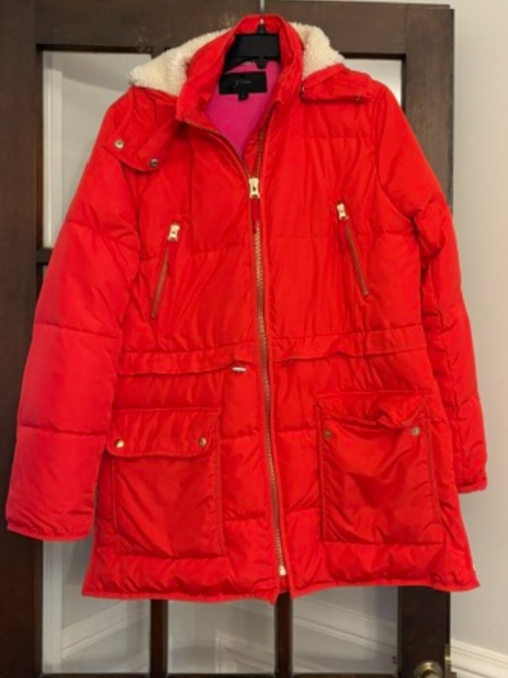 J.Crew Chateau Hooded Puffer Jacket in Orange, Size Medium